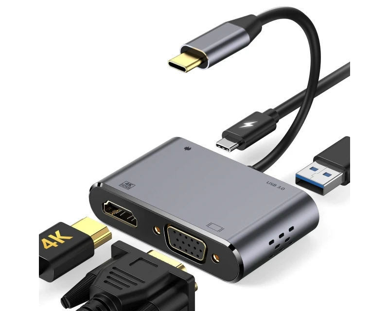 E-Green (OST04966) adapter TIP C (muški) na HDMI (ženski ) + VGA (ženski) + USB 3.0 (ženski) + TIP C (ženski) crni