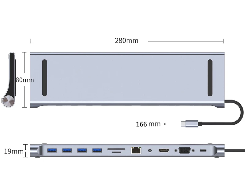 Fast Asia (OST05468) adapter TIP C (muški) na HDMI (ženski ) + VGA (ženski) + 4x USB 3.0 (ženski) + TIP C (ženski) crni
