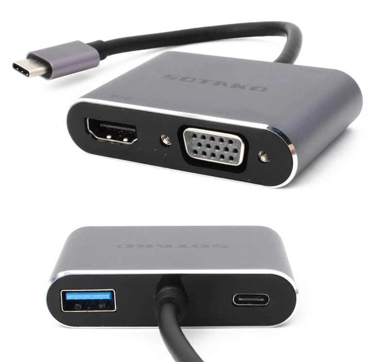 3G (85420) adapter TIP C (muški) na HDMI (ženski) + VGA (ženski) + USB 3.0 (ženski) sivi