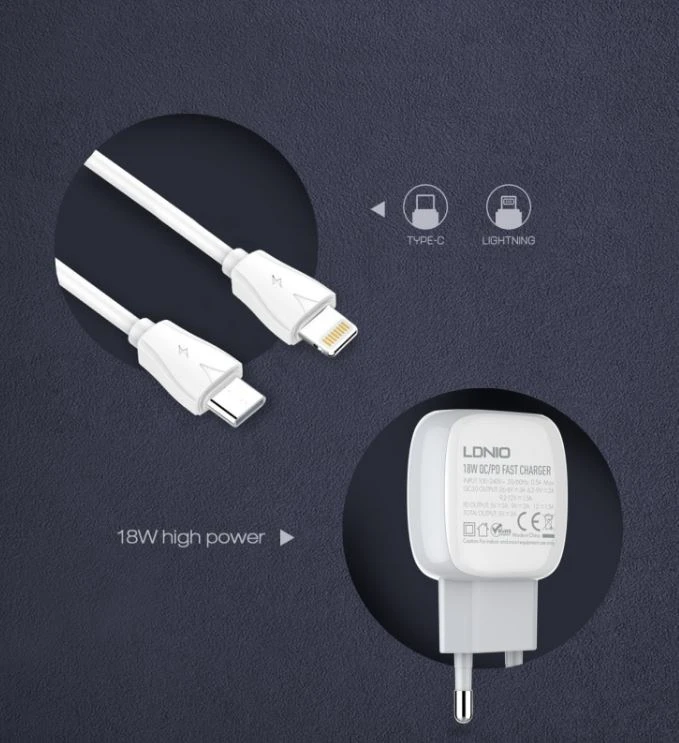 LDNIO A2313C (89423) kućni punjač USB 3.0 sa kablom Tip C (muški) na lightning (muški) beli