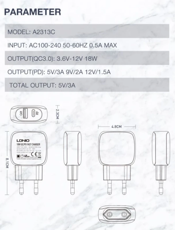 LDNIO A2313C (89423) kućni punjač USB 3.0 sa kablom Tip C (muški) na lightning (muški) beli