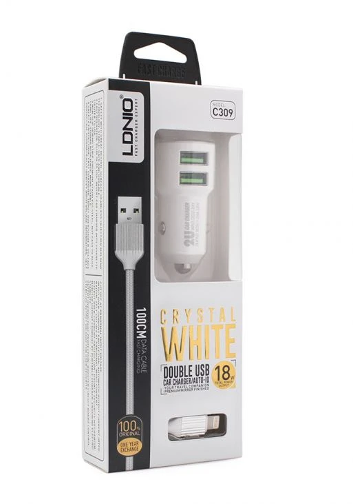 LDNIO C309 (67245) auto punjač USB 3.0 3.6A sa iPhone lightning kablom beli