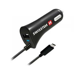 Swissten crni auto punjač za telefon sa kablom USB C