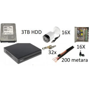 Dahua (DVR 16CH+ 16X HAC-B1A21-0360B) digitalni video snimač 8 kanala set 1 kamera 2Mpix+3TB HDD+kabl koaksialni 200m 