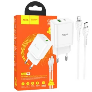 Hoco Founder N28 brzi kućni punjač USB A/UBS C 20W+kabl za telefon USB C (muški) na Lightning (muški) 1m beli
