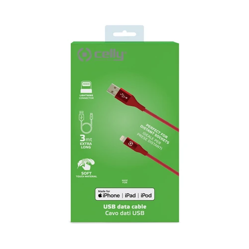 Celly USBLIGHTCOL3MRD crveni kabl za punjač USB A (muški) na lightning (muški) 3m